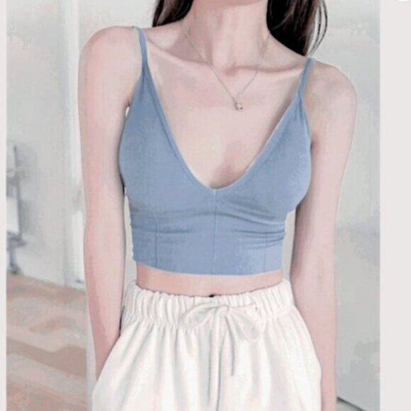 Popular Tik Tok Deep V Ribbed Semi Crop Bralette top - Picture 1 of 6